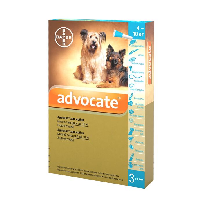 Краплі на холку для собак Elanco Bayer Advocate від 4 до 10 кг, 3 піпетки - masterzoo.ua