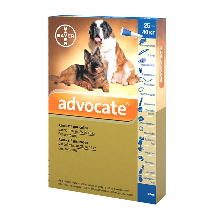 Краплі на холку для собак Elanco Bayer Advocate від 25 до 40 кг, 1 піпетка - masterzoo.ua