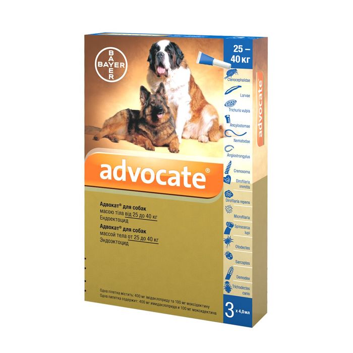 Краплі на холку для собак Elanco Bayer Advocate від 25 до 40 кг, 3 піпетки - masterzoo.ua