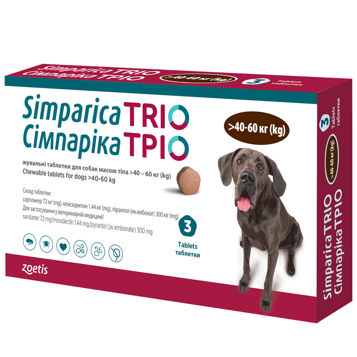 Жувальні таблетки для собак Сімпаріка (Simparica) ТРІО від 40 до 60 кг, 3 таблетки - masterzoo.ua